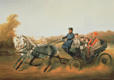 皇帝アレクサンドル2世（1818〜81年）、息子と一緒にザルスコエセロで運転、1850年代 作： Nikolai Egorevich Sverchkov